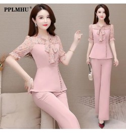 Summer Fashion 2 Piece Set Women Outfits Elegant Floral Print Bow Short Sleeve Slim Blouse + Wide Leg Pant Suits Ensemble Fem...