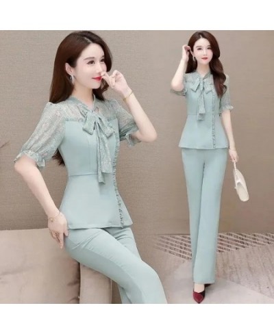 Summer Fashion 2 Piece Set Women Outfits Elegant Floral Print Bow Short Sleeve Slim Blouse + Wide Leg Pant Suits Ensemble Fem...