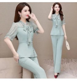 Summer Fashion 2 Piece Set Women Outfits Elegant Floral Print Bow Short Sleeve Slim Blouse + Wide Leg Pant Suits Ensemble Fem...