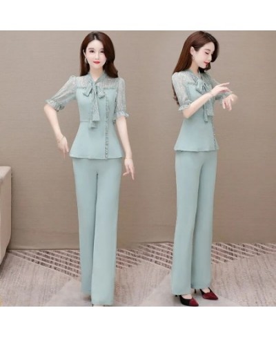 Summer Fashion 2 Piece Set Women Outfits Elegant Floral Print Bow Short Sleeve Slim Blouse + Wide Leg Pant Suits Ensemble Fem...