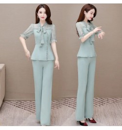 Summer Fashion 2 Piece Set Women Outfits Elegant Floral Print Bow Short Sleeve Slim Blouse + Wide Leg Pant Suits Ensemble Fem...