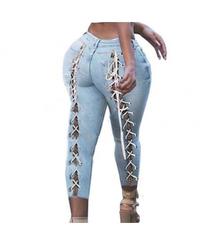 2023 New Plus Size Sexy Blue Hollow Denim Club Women's High Waist Denim Cropped Pants Lace Ripped Hole Ankle Length Jeans Cut...