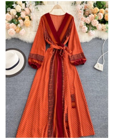 Spring Autumn New Women Vintage Print Lace Up Belt High Waist Slim Dress Elegant V-Neck Bubble Sleeve Long Dresses $50.05 - D...