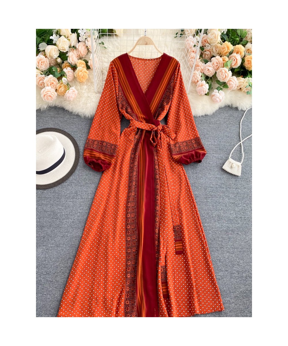 Spring Autumn New Women Vintage Print Lace Up Belt High Waist Slim Dress Elegant V-Neck Bubble Sleeve Long Dresses $50.05 - D...