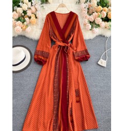 Spring Autumn New Women Vintage Print Lace Up Belt High Waist Slim Dress Elegant V-Neck Bubble Sleeve Long Dresses $50.05 - D...