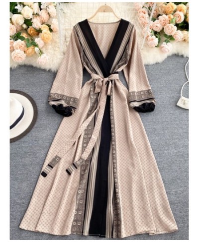 Spring Autumn New Women Vintage Print Lace Up Belt High Waist Slim Dress Elegant V-Neck Bubble Sleeve Long Dresses $50.05 - D...