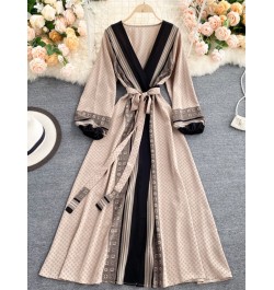 Spring Autumn New Women Vintage Print Lace Up Belt High Waist Slim Dress Elegant V-Neck Bubble Sleeve Long Dresses $50.05 - D...