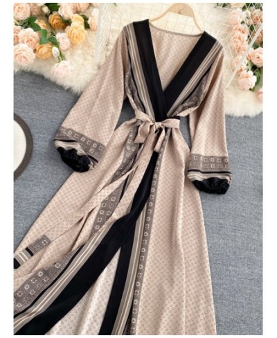 Spring Autumn New Women Vintage Print Lace Up Belt High Waist Slim Dress Elegant V-Neck Bubble Sleeve Long Dresses $50.05 - D...