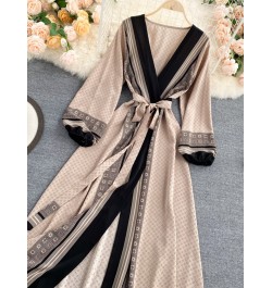 Spring Autumn New Women Vintage Print Lace Up Belt High Waist Slim Dress Elegant V-Neck Bubble Sleeve Long Dresses $50.05 - D...