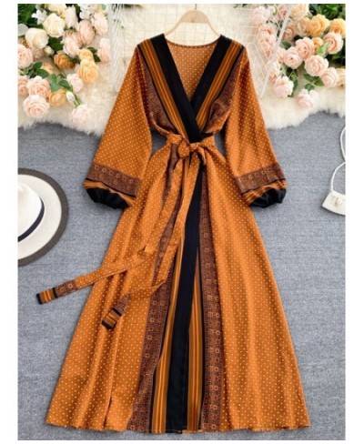 Spring Autumn New Women Vintage Print Lace Up Belt High Waist Slim Dress Elegant V-Neck Bubble Sleeve Long Dresses $50.05 - D...