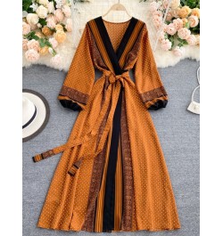 Spring Autumn New Women Vintage Print Lace Up Belt High Waist Slim Dress Elegant V-Neck Bubble Sleeve Long Dresses $50.05 - D...