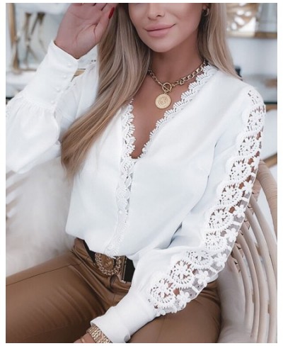 Spring Women Shirts Casual Graphic V Neck Lace Petal Sleeve Loose Blouse Tops $36.20 - Women Tops