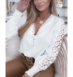 Spring Women Shirts Casual Graphic V Neck Lace Petal Sleeve Loose Blouse Tops $36.20 - Women Tops