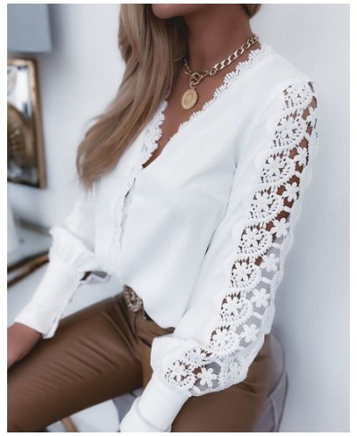 Spring Women Shirts Casual Graphic V Neck Lace Petal Sleeve Loose Blouse Tops $36.20 - Women Tops