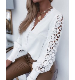 Spring Women Shirts Casual Graphic V Neck Lace Petal Sleeve Loose Blouse Tops $36.20 - Women Tops