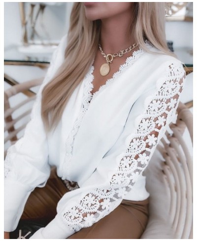 Spring Women Shirts Casual Graphic V Neck Lace Petal Sleeve Loose Blouse Tops $36.20 - Women Tops