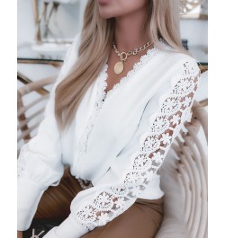 Spring Women Shirts Casual Graphic V Neck Lace Petal Sleeve Loose Blouse Tops $36.20 - Women Tops