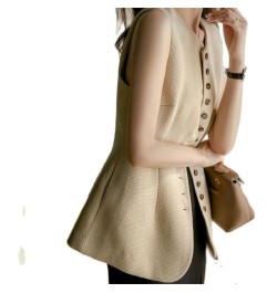 Women Vests Waffle Woven Single Breasted Coats Office Lady Elegant S-3XL All Match Retro Slender Outerwear Autumn Casual Vest...