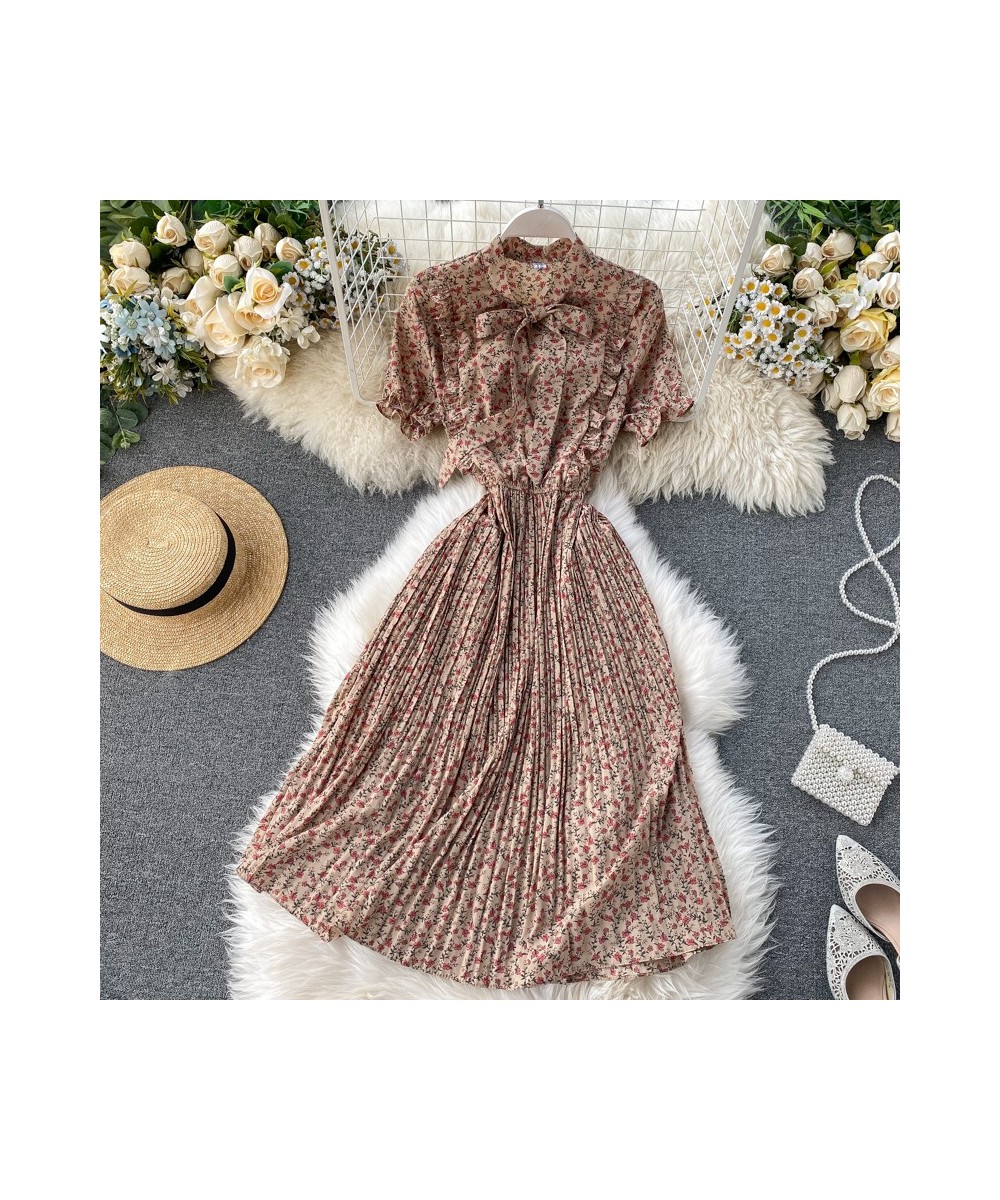 2022 Bow Vintage Ruffles Floral Print Dress Summer Party Midi Long Chiffon Women High Waist Pleated Beach Elegant Vestidos $3...