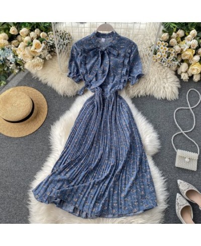 2022 Bow Vintage Ruffles Floral Print Dress Summer Party Midi Long Chiffon Women High Waist Pleated Beach Elegant Vestidos $3...