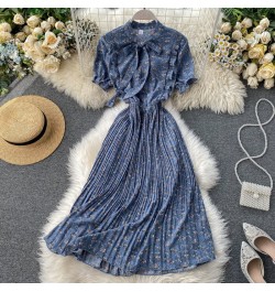 2022 Bow Vintage Ruffles Floral Print Dress Summer Party Midi Long Chiffon Women High Waist Pleated Beach Elegant Vestidos $3...