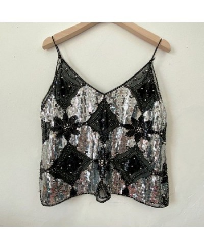 Summer Female Heavy Industry Sequin Studs Sexy Thin Short V-neck Vest Sexy Beading Tank Top $38.36 - Tops & Tees