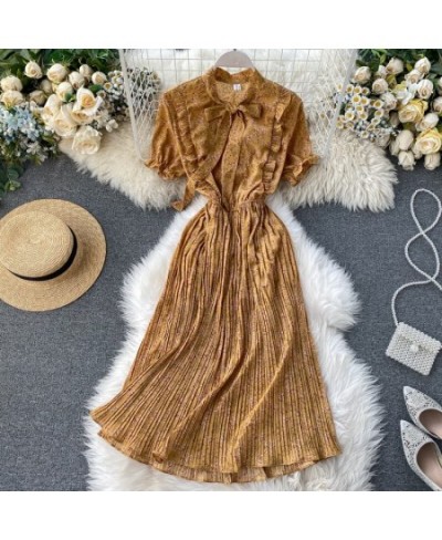 2022 Bow Vintage Ruffles Floral Print Dress Summer Party Midi Long Chiffon Women High Waist Pleated Beach Elegant Vestidos $3...