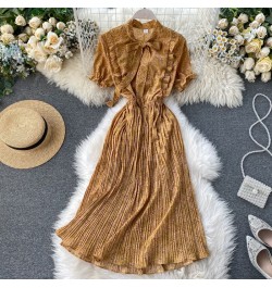 2022 Bow Vintage Ruffles Floral Print Dress Summer Party Midi Long Chiffon Women High Waist Pleated Beach Elegant Vestidos $3...