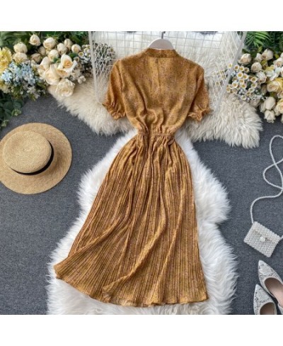 2022 Bow Vintage Ruffles Floral Print Dress Summer Party Midi Long Chiffon Women High Waist Pleated Beach Elegant Vestidos $3...