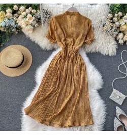 2022 Bow Vintage Ruffles Floral Print Dress Summer Party Midi Long Chiffon Women High Waist Pleated Beach Elegant Vestidos $3...