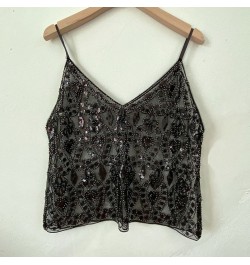 Summer Female Heavy Industry Sequin Studs Sexy Thin Short V-neck Vest Sexy Beading Tank Top $38.36 - Tops & Tees