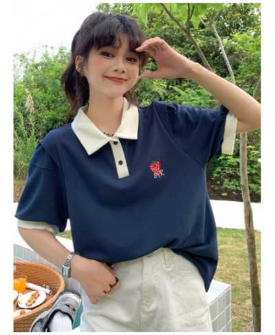 Kawaii Strawberry Embroidery Short Sleeve Female Student Korean Casual Loose 2022 Contrast Girls Wear Polo Collar T-shirts $3...