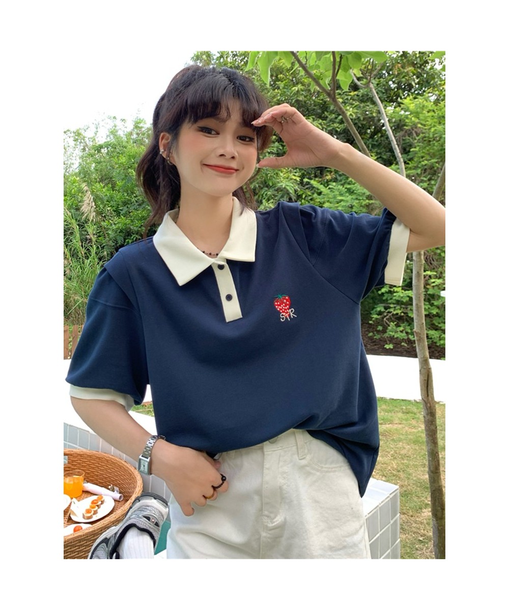 Kawaii Strawberry Embroidery Short Sleeve Female Student Korean Casual Loose 2022 Contrast Girls Wear Polo Collar T-shirts $3...