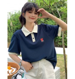 Kawaii Strawberry Embroidery Short Sleeve Female Student Korean Casual Loose 2022 Contrast Girls Wear Polo Collar T-shirts $3...