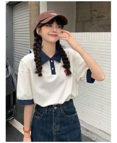 Kawaii Strawberry Embroidery Short Sleeve Female Student Korean Casual Loose 2022 Contrast Girls Wear Polo Collar T-shirts $3...