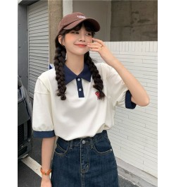 Kawaii Strawberry Embroidery Short Sleeve Female Student Korean Casual Loose 2022 Contrast Girls Wear Polo Collar T-shirts $3...