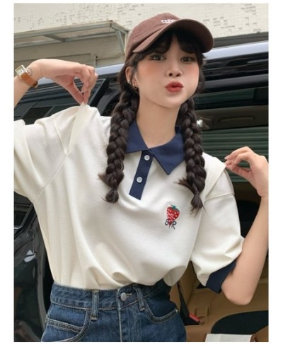 Kawaii Strawberry Embroidery Short Sleeve Female Student Korean Casual Loose 2022 Contrast Girls Wear Polo Collar T-shirts $3...