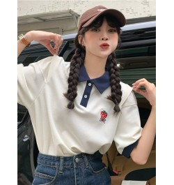 Kawaii Strawberry Embroidery Short Sleeve Female Student Korean Casual Loose 2022 Contrast Girls Wear Polo Collar T-shirts $3...