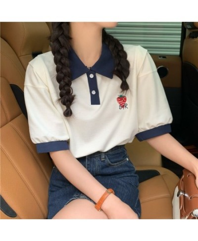 Kawaii Strawberry Embroidery Short Sleeve Female Student Korean Casual Loose 2022 Contrast Girls Wear Polo Collar T-shirts $3...