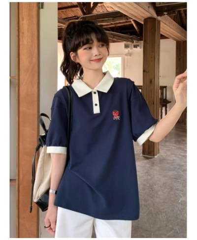 Kawaii Strawberry Embroidery Short Sleeve Female Student Korean Casual Loose 2022 Contrast Girls Wear Polo Collar T-shirts $3...