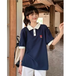 Kawaii Strawberry Embroidery Short Sleeve Female Student Korean Casual Loose 2022 Contrast Girls Wear Polo Collar T-shirts $3...