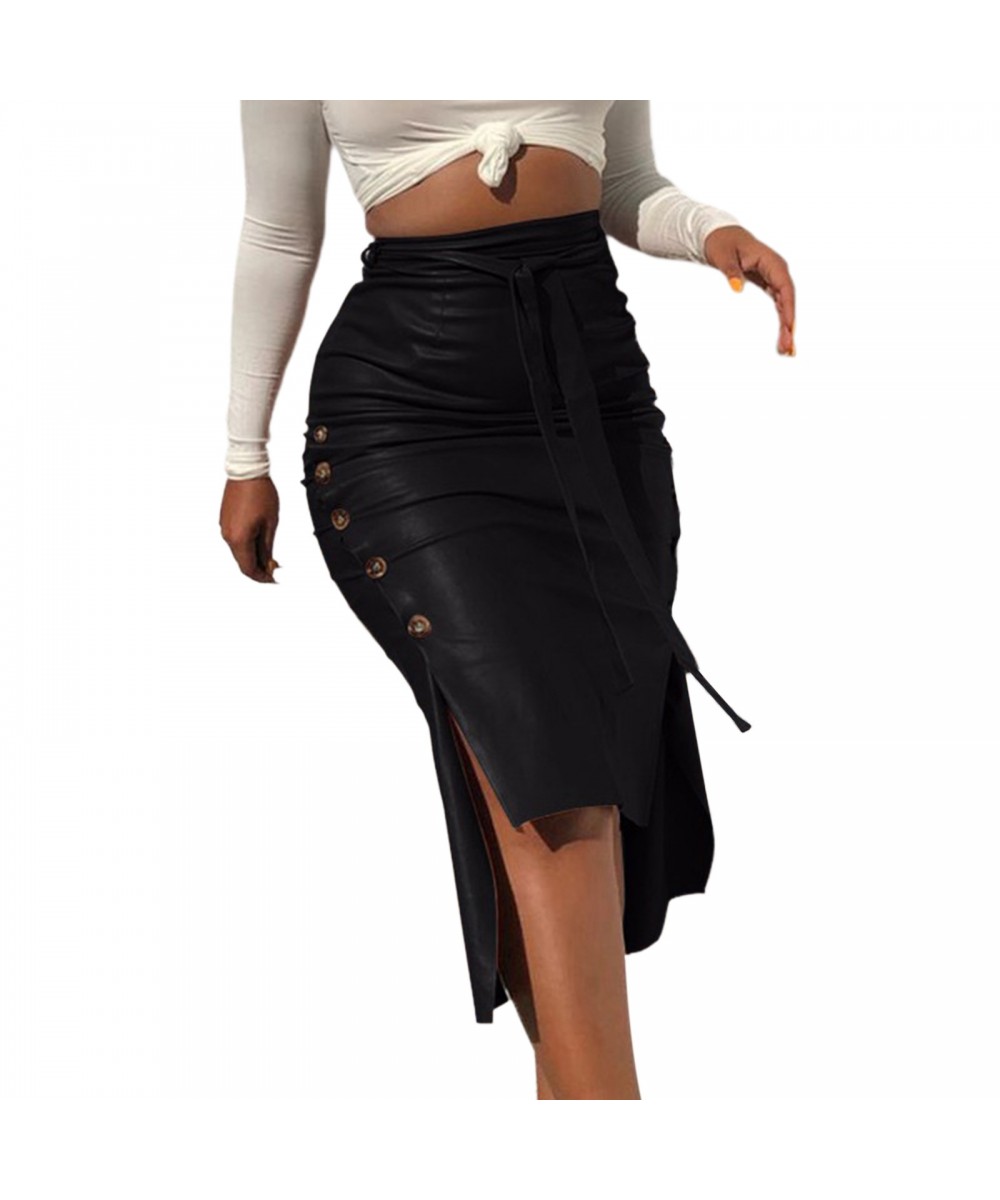 Sexy Women Trendy PU Leather Midi Skirt Solid Color High Waist Lace-up Side Button Slim Skinny Pencil Skirt Ladies Streetwear...