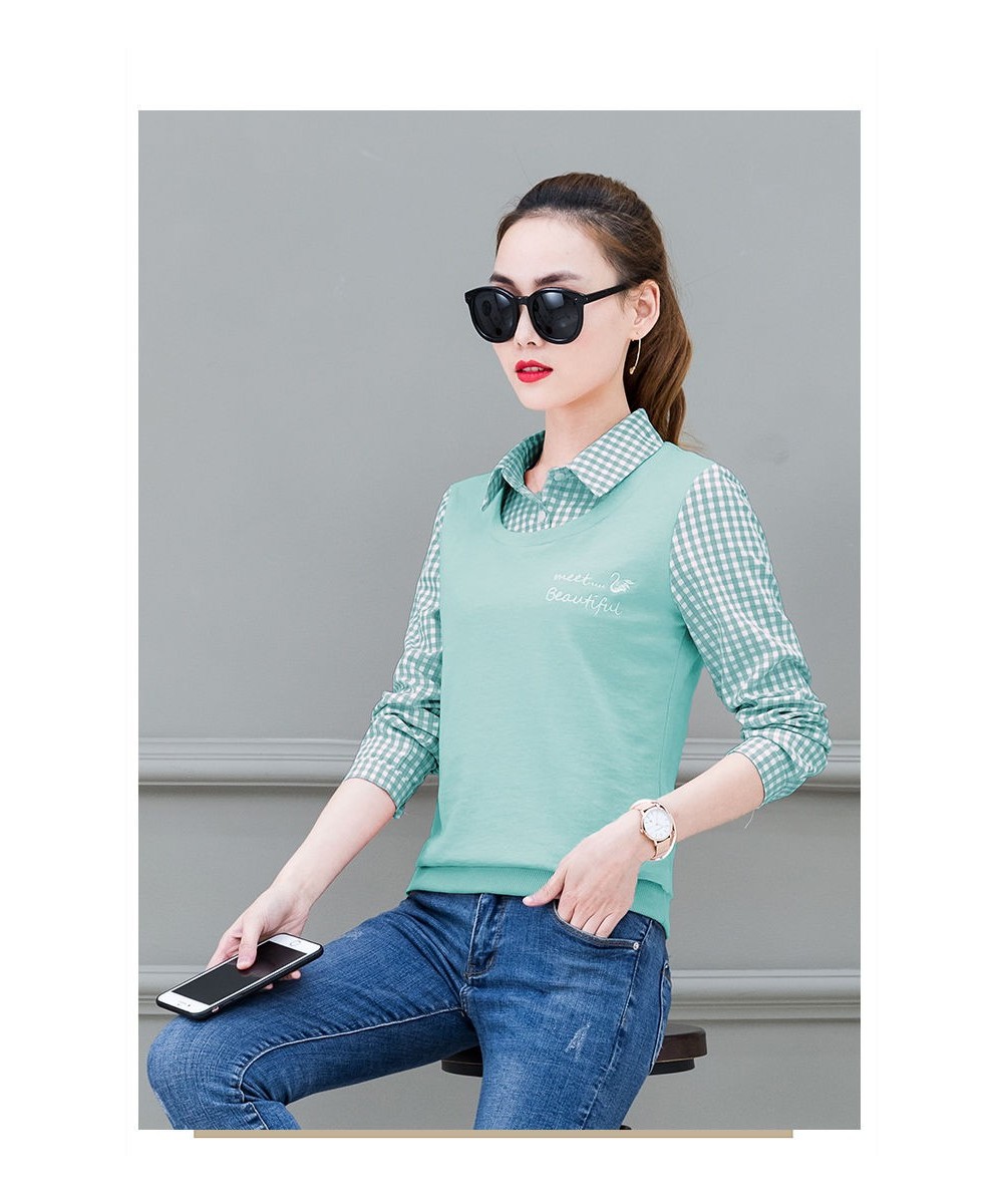 Spring Autumn Women's New Plaid Long Sleeved Shirt Sweater Loose Fake Two-piece Tops Feminina Turn-down Collar Shirt $34.32 -...