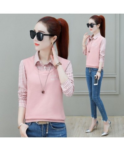 Spring Autumn Women's New Plaid Long Sleeved Shirt Sweater Loose Fake Two-piece Tops Feminina Turn-down Collar Shirt $34.32 -...