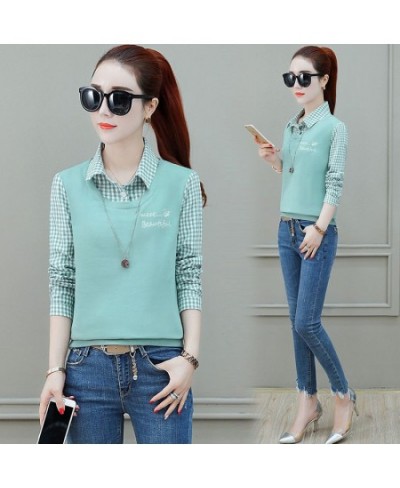 Spring Autumn Women's New Plaid Long Sleeved Shirt Sweater Loose Fake Two-piece Tops Feminina Turn-down Collar Shirt $34.32 -...