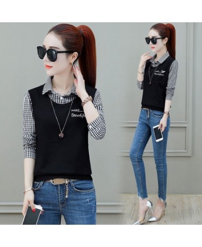 Spring Autumn Women's New Plaid Long Sleeved Shirt Sweater Loose Fake Two-piece Tops Feminina Turn-down Collar Shirt $34.32 -...