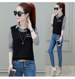 Spring Autumn Women's New Plaid Long Sleeved Shirt Sweater Loose Fake Two-piece Tops Feminina Turn-down Collar Shirt $34.32 -...