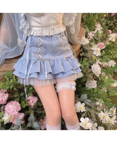 Japanese Kawaii Mini Skirt Women Summer Casual Designer Elegant Lolita Sexy Skirt High Waist Lace Bandage Y2k Sweet Skirt 202...