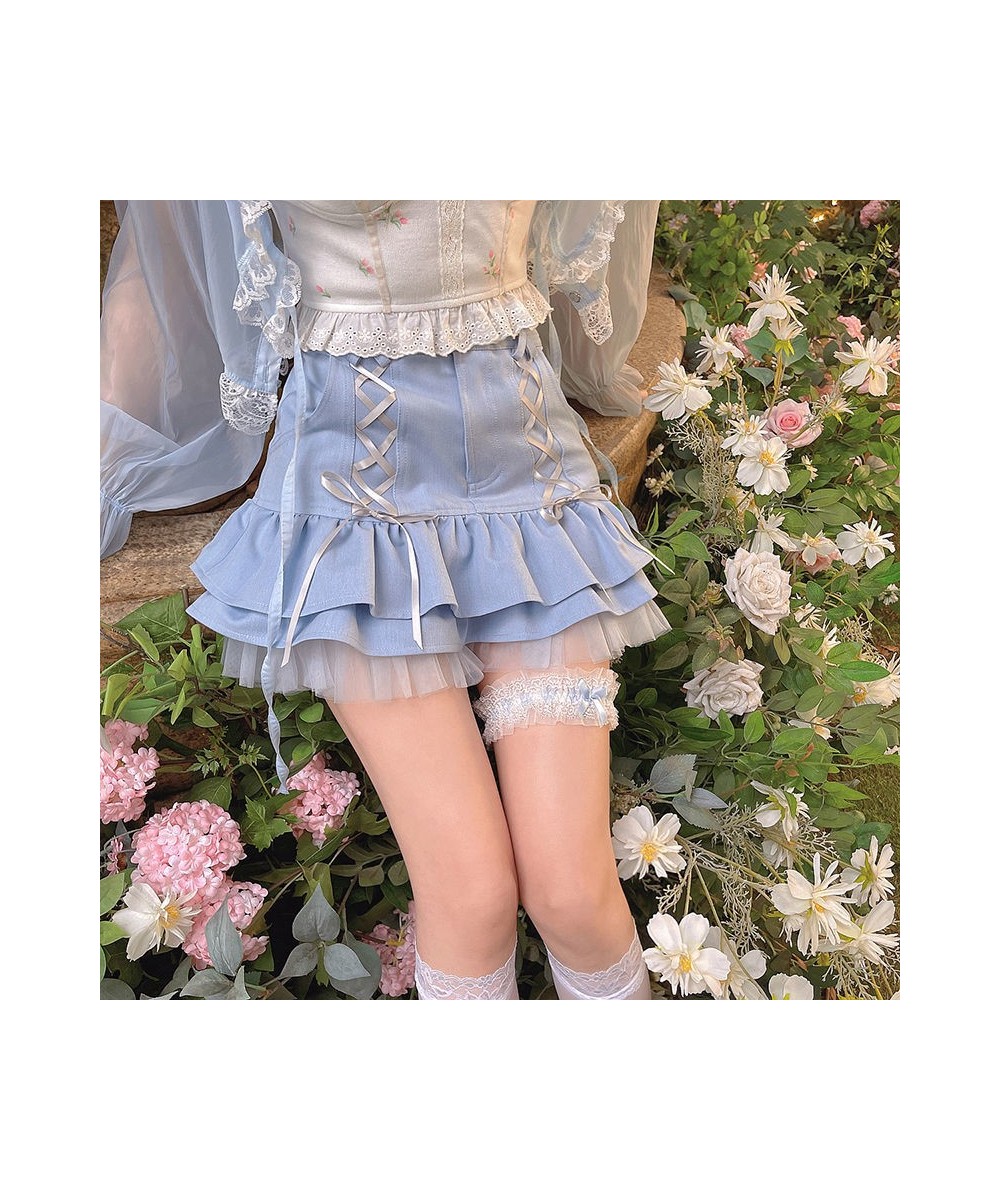 Japanese Kawaii Mini Skirt Women Summer Casual Designer Elegant Lolita Sexy Skirt High Waist Lace Bandage Y2k Sweet Skirt 202...