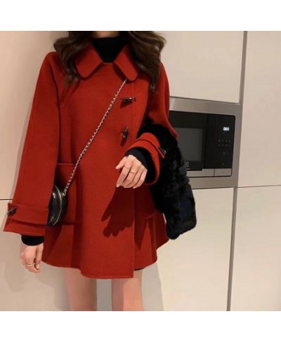2022 Autumn And Winter New Korean Version Thickened Red Denim Button Small Medium Long Woolen Coat Women $95.37 - Jackets & C...